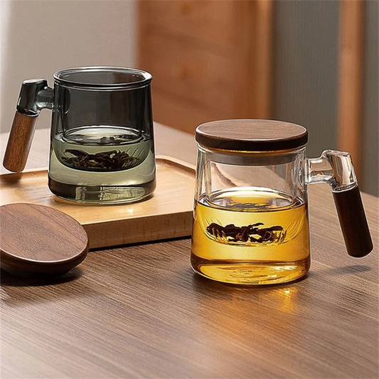 Artisan Glass Tea Mug with Walnut Handle