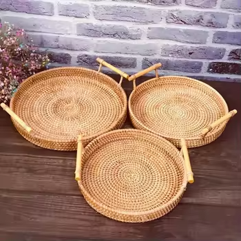 Round Rattan Serving Tray – Handwoven Basket with Handles