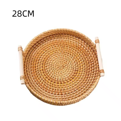 Round Rattan Serving Tray – Handwoven Basket with Handles