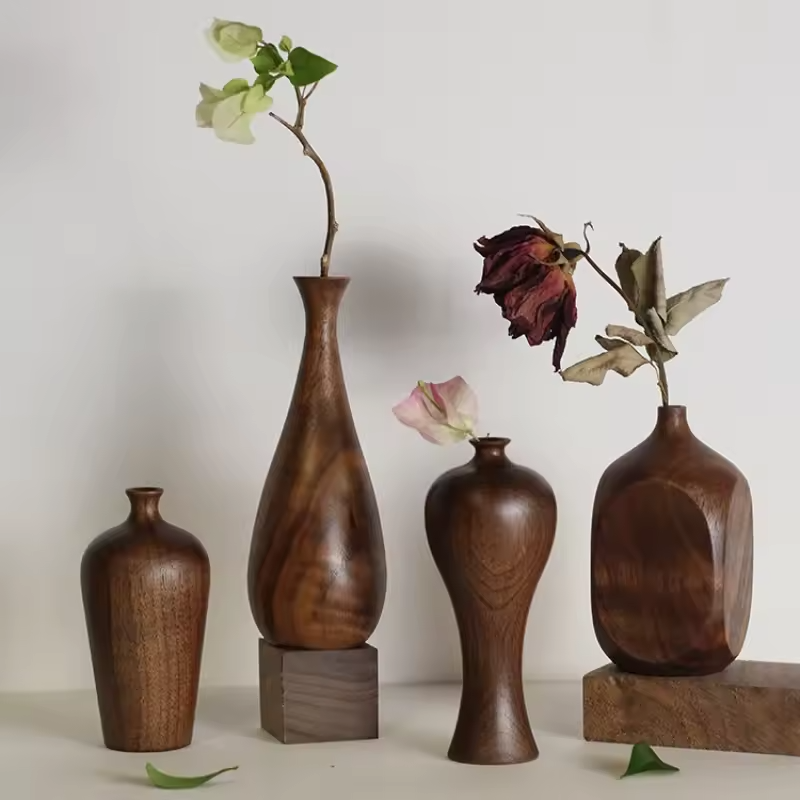 Natural Wooden Geometric Vase – Minimalist Décor