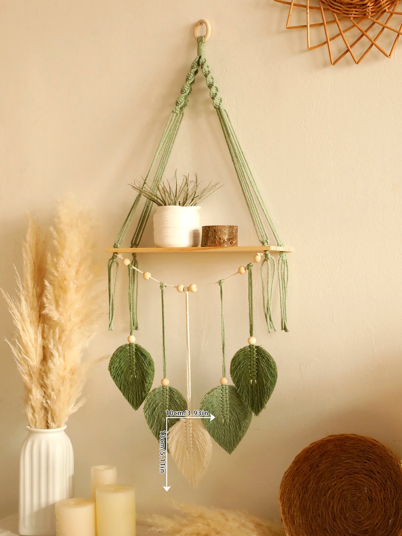 Boho Leaf Macrame Floating Shelf