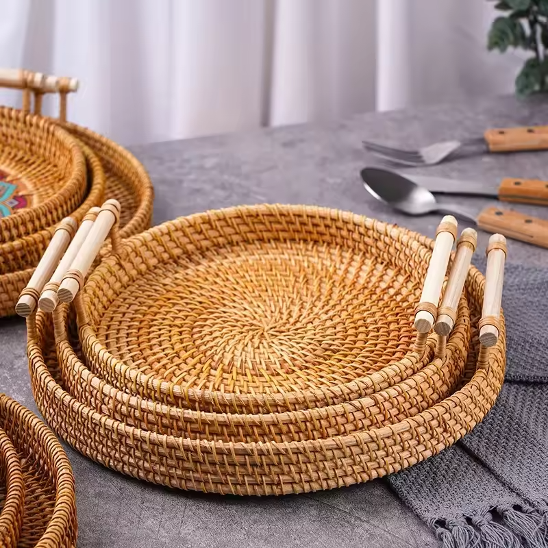 Round Rattan Serving Tray – Handwoven Basket with Handles